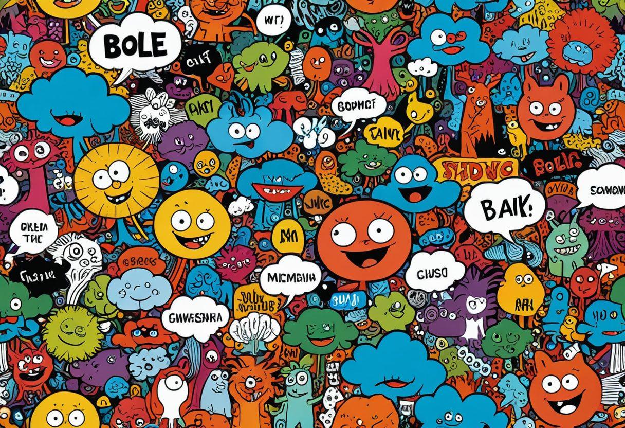 A vibrant and whimsical collage showcasing the evolution of cartoon comedy, featuring iconic silly cartoon characters morphing into clever comic strip figures, all set against a colorful backdrop of playful scenery. Include elements like speech bubbles filled with witty dialogues and amusing visual gags. This scene should evoke laughter and nostalgia, blending various styles from classic animation to modern graphic novels. cartoonish style. vibrant colors. playful background.