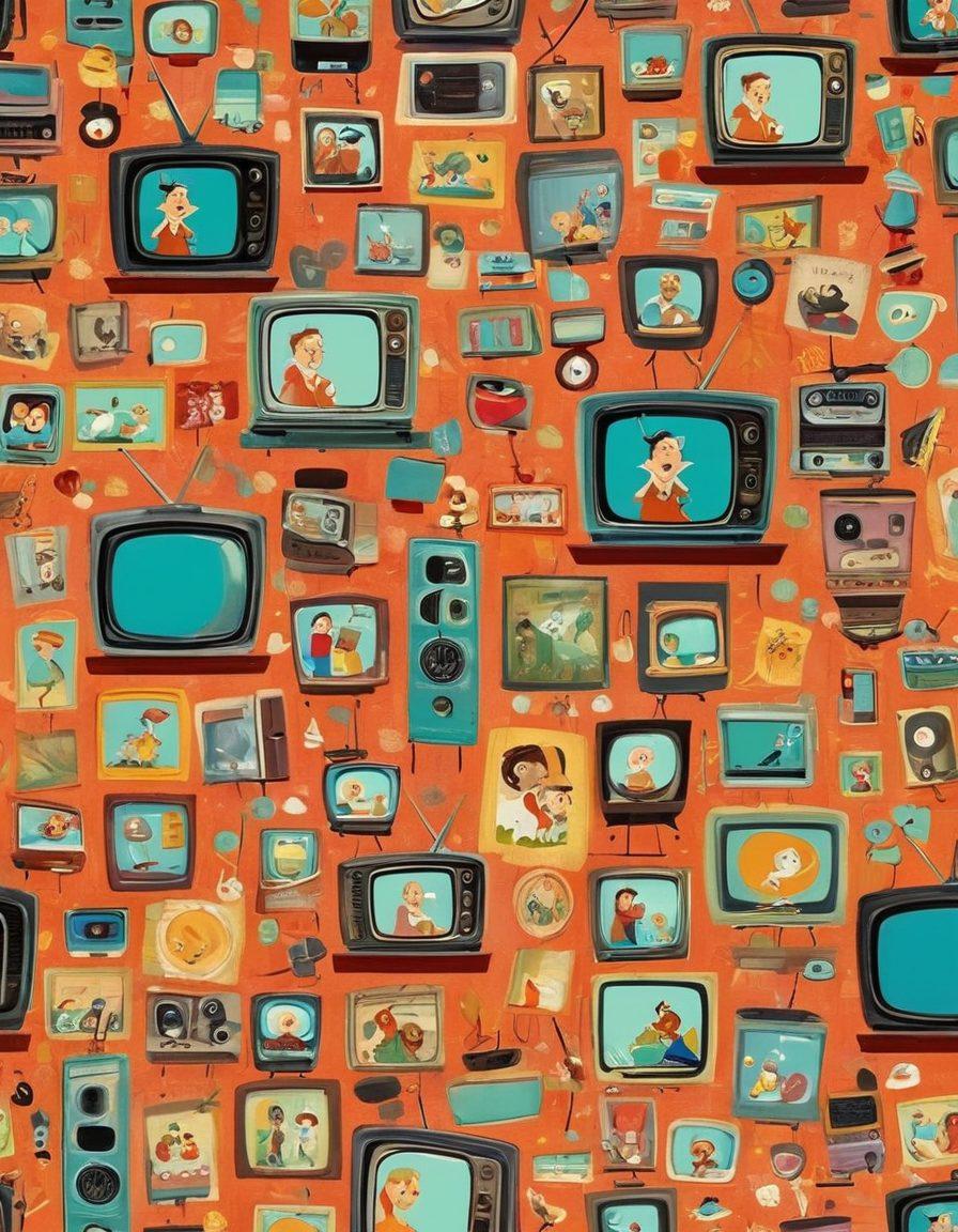 A whimsical scene showcasing various cartoon characters from different eras, each sharing a laugh while telling a joke. The background is a collage of vintage television sets representing different animation styles over time. Vibrant colors pop from each character, emphasizing their unique designs and expressions. The composition is playful and dynamic, inviting viewers to feel the joy of humor in animation. cartoonish style. bright colors. fun and engaging.