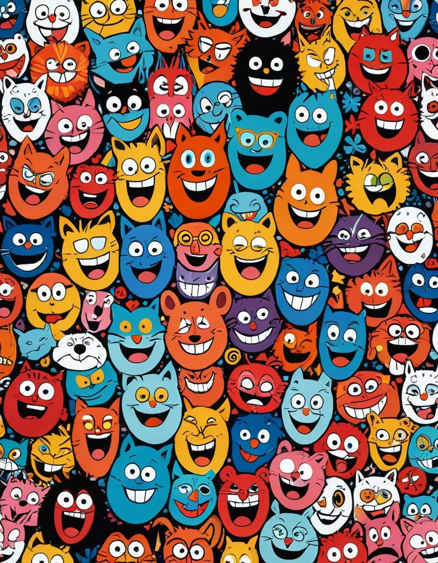 A whimsical collage of cartoon characters joyfully laughing and engaging in amusing antics. Each character is uniquely styled, from classic animations to modern designs, set against a colorful, dynamic background filled with animated props like oversized comedy masks and playful doodles. Emphasize a sense of joy and creativity, capturing the essence of humor in animation. bright colors. playful style. 3D.